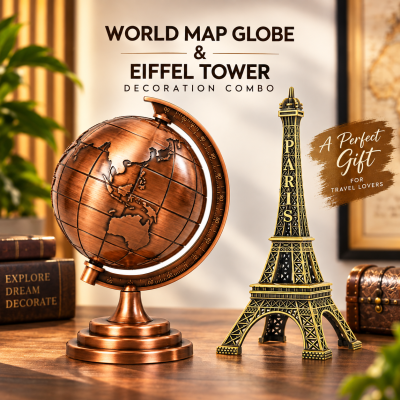 3D Rotating World Map Globe & Metal Eiffel Tower Showpiece Combo Set – Bronze & Gold Wash Finish, Elegant Tabletop Home & Office Decor, Luxury Travel Gift & Photoshoot Prop